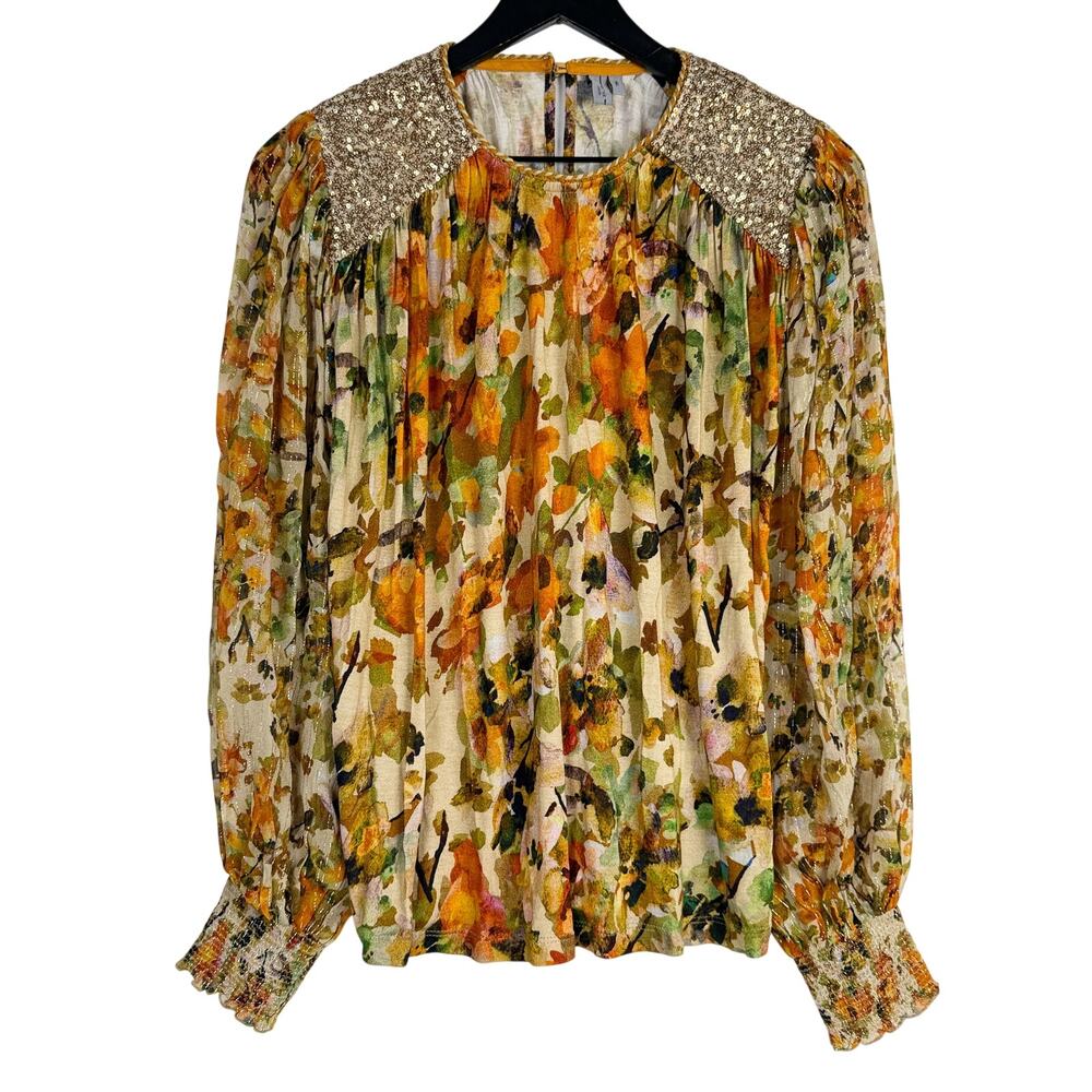 Bl-nk London Anthropologie Floral Blouse Top Sequins Puff Sleeve Yellow Gold - S